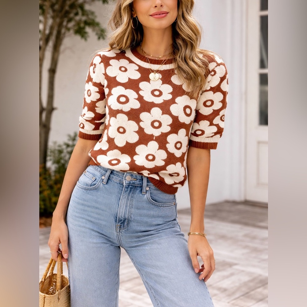 Entro Floral Knit Sweater Top Size M Brown Cream Retro Puff Sleeve - Picture 8 of 8